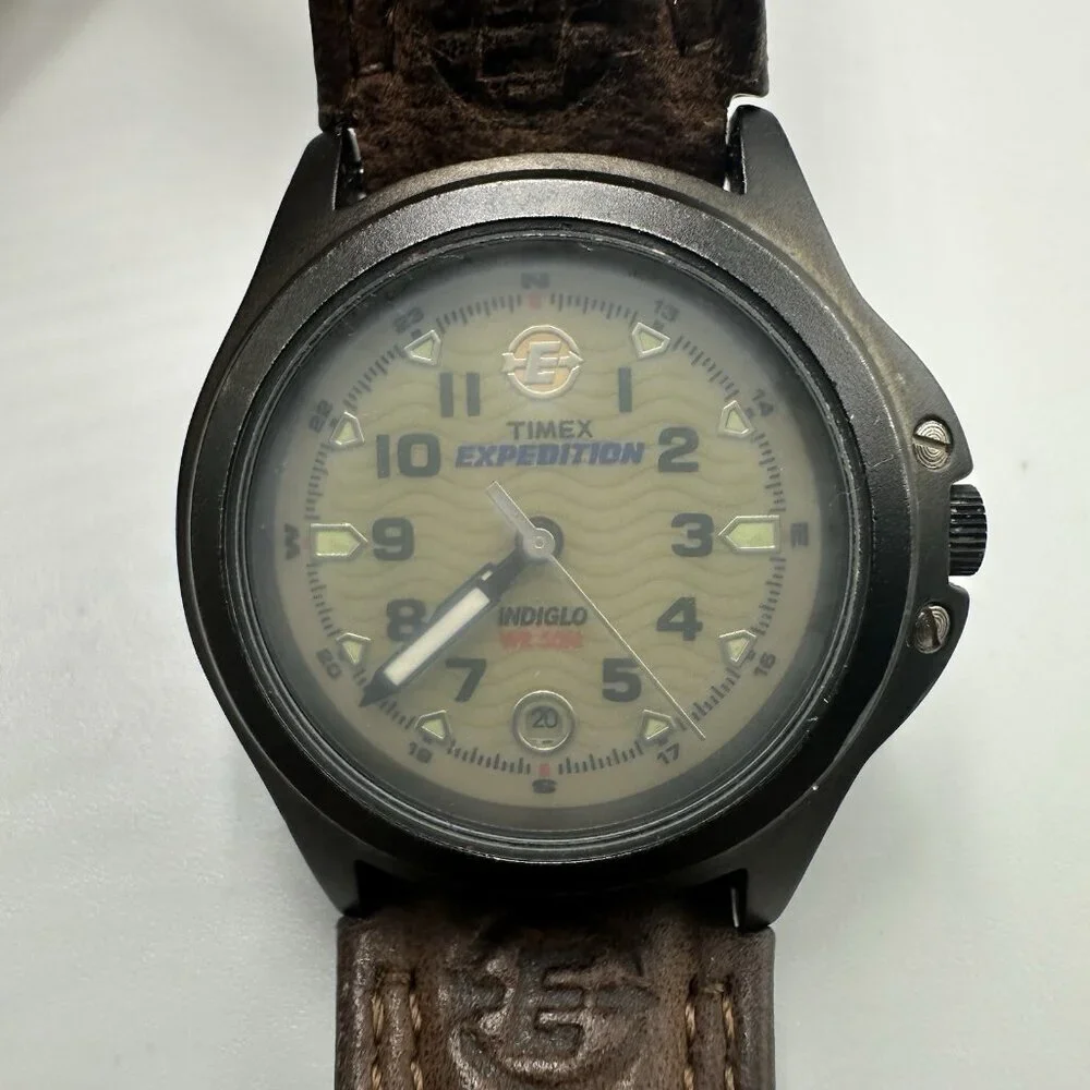 Timex Expedition Watch Men Indiglo Dial Date Window Brown Leather Band Works